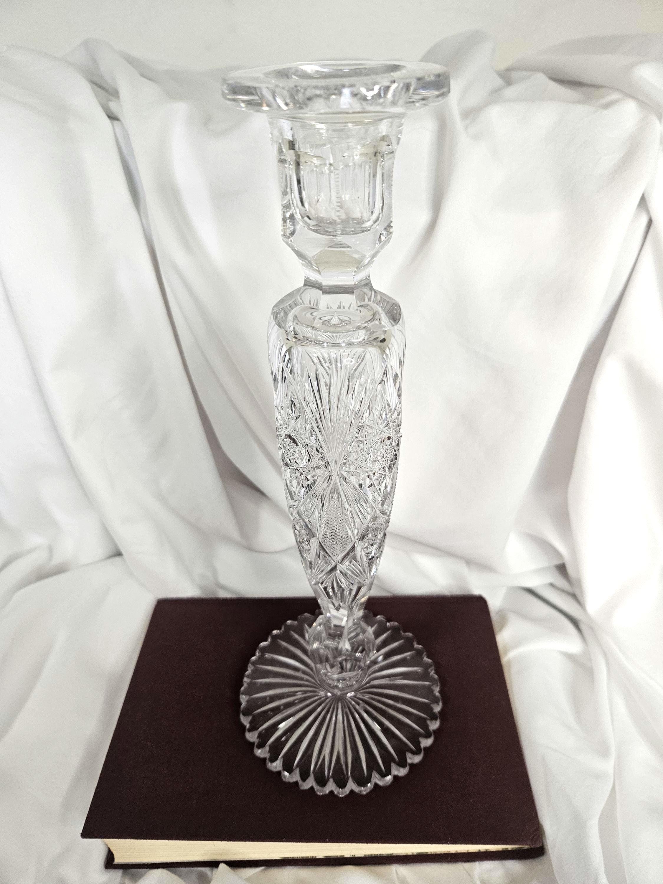 Antique - American Brilliant Period Cut Glass Candlestick Holder - "Hobstar" design - 12" tall
