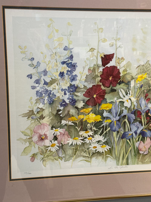 Watercolor print wildflowers “in the garden” by Lyn Snow. Gold metal frame, glass encased 24x30 (Copy)
