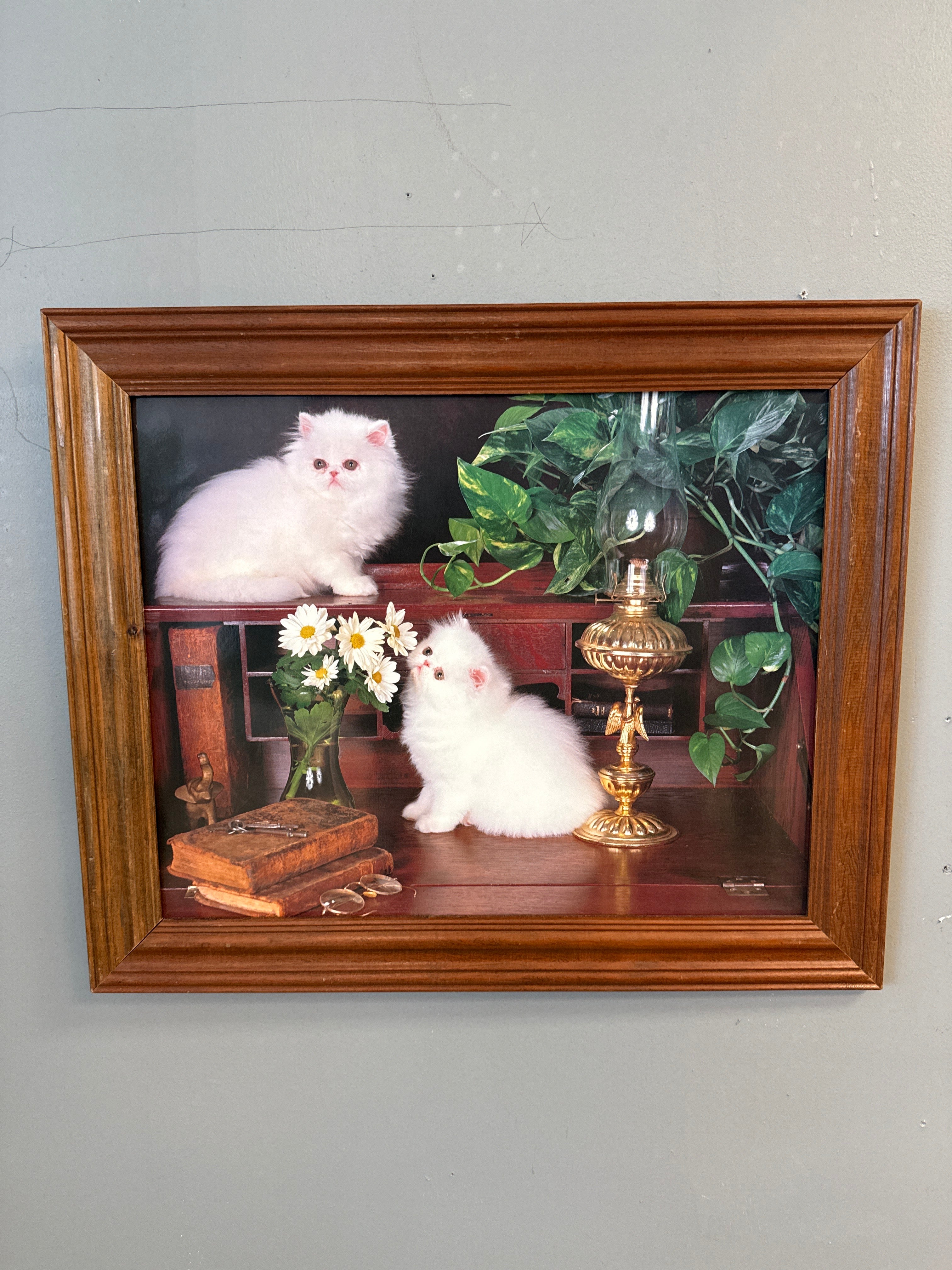 Two kitties on a desk, wood frame art￼18x24